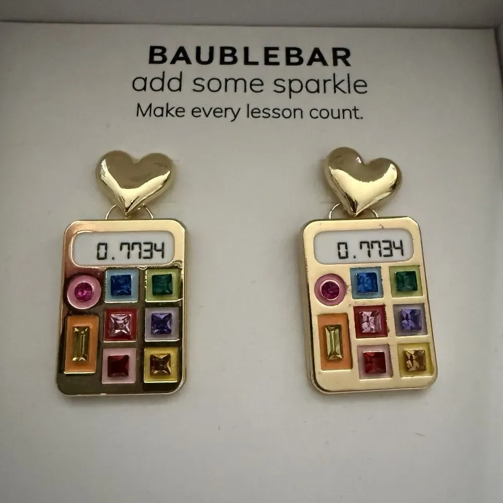 Baublebar Heart with Dangling Sparkle Calculator Earrings Math Teacher Gift New - Picture 2 of 3